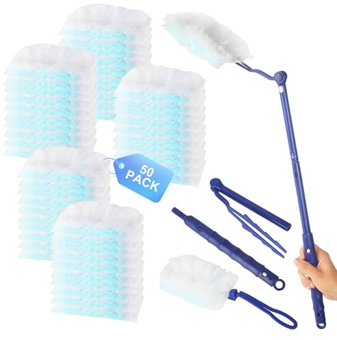 52 Pezzi Piumini Swiffer Cattura Polvere, Piumino Cattura Polvere con 1 Manico 1 Manici Telescopici, Fibra Superfine Spolverino per Catturapolvere Pulisci Polvere e Capelli
