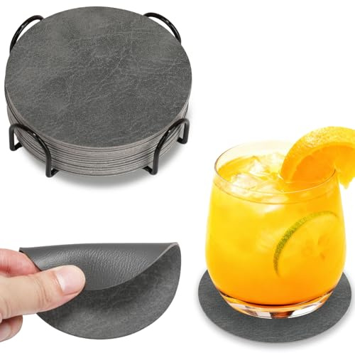 HELI MIAO 16 Stück Untersetzer Gläser, Doppelseitige Glasuntersetzer aus Kunstleder – Rund, rutschfest & hitzebeständig – Inkl. Aufbewahrungsständer (10cm, Grau+dunkelgrau) – Für Tisch, Bar, Outdoor