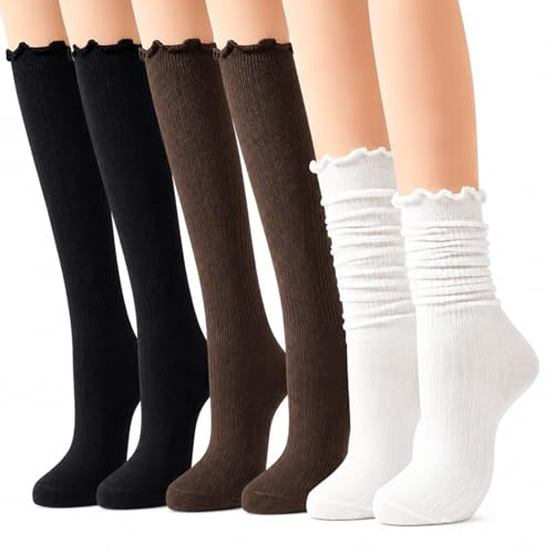 ONEJI 3 Pairs Women's Ruffle Frilly Socks, Cute Slouch Scrunch Knee High Cozy Cotton Lace Stockings Lightweight Soft Dress Boot Socks for Women Girls