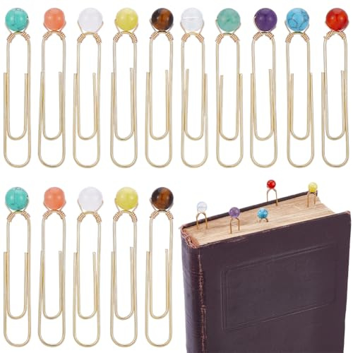 CRASPIRE 20Pcs Colorful Gemstone Paper Clips 10 Styles Gold for Book Markers Round Beaded Natural Stone Bookmark Paperclips Tag Diary Calendar Journal Planner Notebook Office School