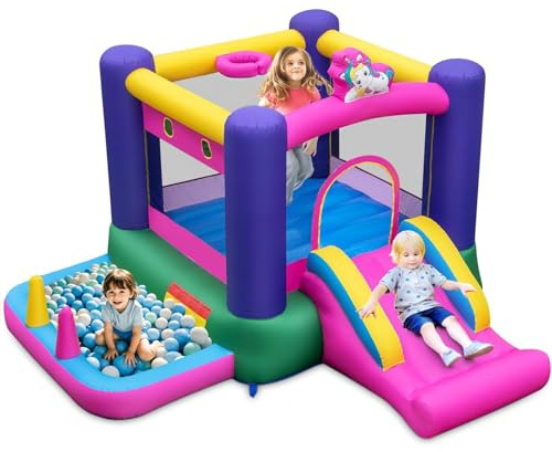 Maxmass Inflatable Bouncy House, Kids Bounce Castle with Slide, Ball Pit, Jumping House, Basketball Hoop, Inflatable Trampoline Blowup Castle for Indoor Outdoor (Unicorn Theme without 480W Blower)