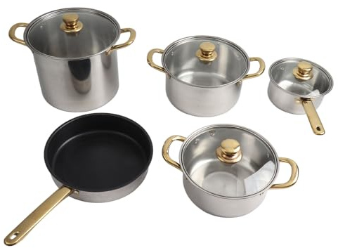 Set med grytor och kastruller i rostfritt stål med gyllene handtag Multifunktionsset för köksmatlagning Induktionskokkärl i rostfritt stål