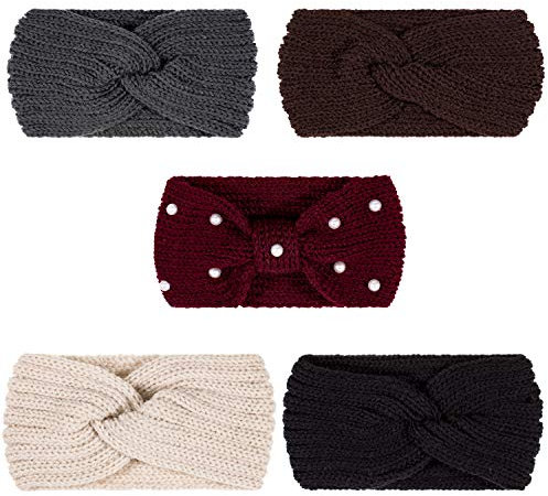 Whaline 5 Pieces Winter Knit Headbands Chunky Knit Headbands,4 Elastic Turban Head Wraps and 1 Pearl Crochet Hair Band, Ear Warmer Crochet Head Wraps for Women Girls (Autumn&Winter Colors)
