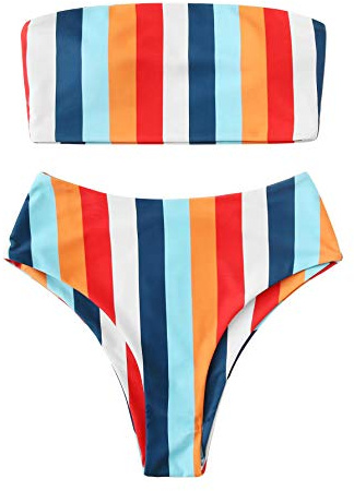 SweatyRocks Women's Bathing Suits Striped Bandeau Bikini high Waisted Swimsuits Swimwear Set Multi-3 X-Large