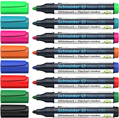 Schneider Maxx 290 Marker (für Whiteboards und Flipcharts, Rundspitze 2-3 mm Strichstärke, rückstandsfrei trocken abwischbar, hohe Qualität, kräftig und farbintensiv) Etui mit 8 Farben