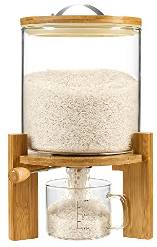 Vuinop Reisspender, Reis-Aufbewahrungsbehälter: Mehl- und Müslibehälter mit luftdichtem Deckel und Holzständer, Glas-Lebensmittelbehälter für Küchenorganisation und Speisekammer (5 l)