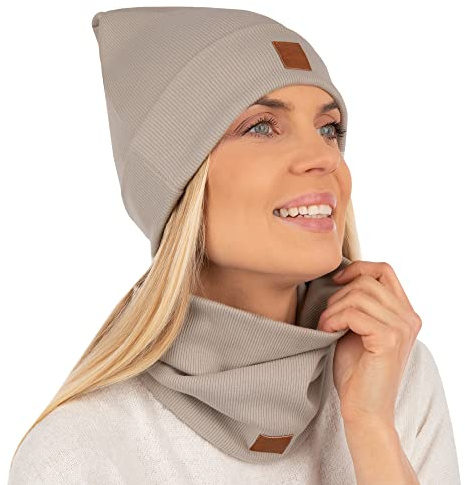 Mikos * Set da donna berretto & loop cotone lungo berretto cappello con sciarpa loop autunno inverno fantastico caldo elasticizzato invernale ragazzo ragazza Streetwear 703, beige