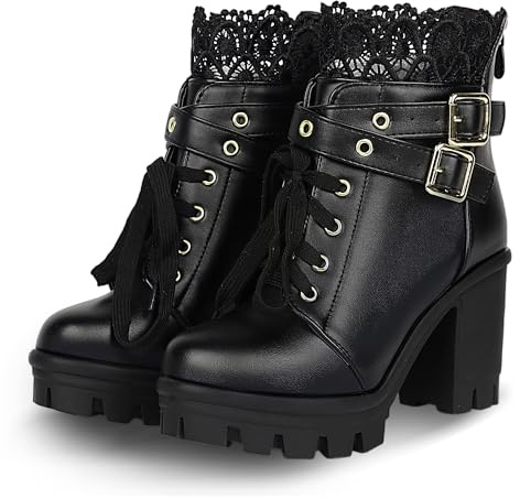 BEAUPAS Women's Chunky Platform High Heel Boots Lace Up Gothic Ankle Booties Block Heel Buckle Punk Shoes(Black/1,10)