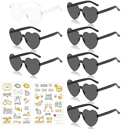 Bride Herz Brille, JGA Partybrillen Set, JGA Brille Team Braut Armbänder, 8 Herz Sonnenbrille+ 2 Team Bride Tattoo Aufkleber für Braut Junggesellinnenabschied Frauen Accessoires und Hochzeitsfeier