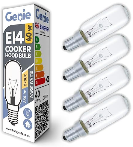 40W E14 Incandescent Cooker Hood Light Bulb 230V (Pack of 4) for Extractor Fans, Cooker Hoods and Appliances | 2700K Warm White | Dimmable | T25 Tubular Shape | Pygmy/Small Edison Screw (SES) Base