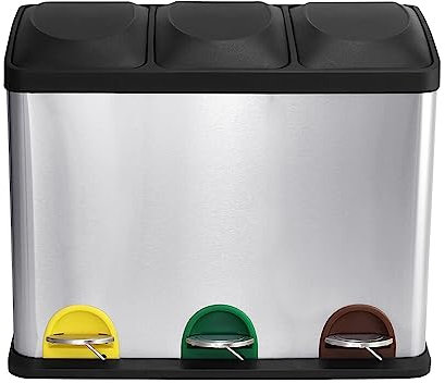 Recycling Bin, Triple Trash Can, 3 x 15L Inner Bins, Pedal Bin with 3 Compartments,Stainless Steel Kitchen Waste & Recycling System Rubbish Bin