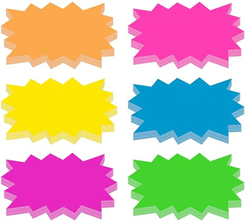 Gethelud 60 PCS Fluorescent Neon Signs, 6 Colors Starburst Signs for Retail Garage Sale Pricing Sign Yard Sale Supplies Price Tags Signs Poster Board Decorations (5” x 6.5”)