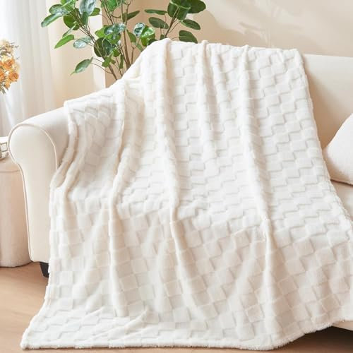 Kuscheldecke Flauschig Decke 100 x 150 Fleecedecke – Weiß Karierte Decken Weiche Warme Gemütlicher Schachbrettmuster Wohndecke Decken für Sofa Couch Bett