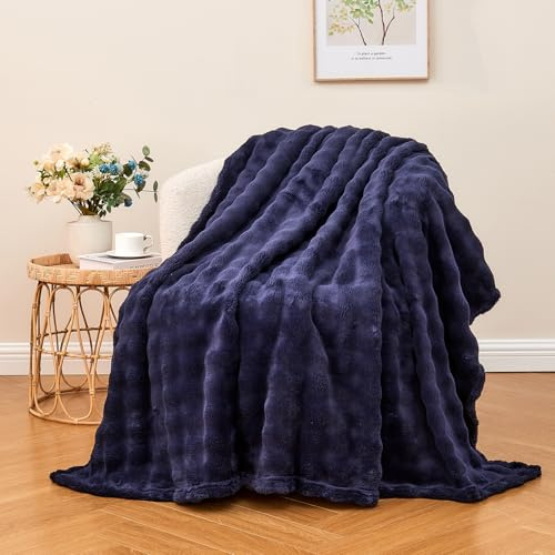 Wajade Fleece Throw Blanket Bubble Faux Fur Fluffy Bed Blanket Super Cosy Warm Large Blanket for Bed Sofa Car, Navy Blue 127x153CM