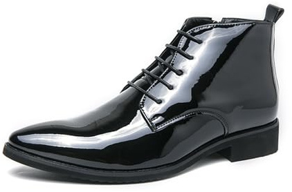 Men's Pointed Toe Ankle Boots Faux Patent Leather Lace Up Zip Party Shoes for Men (Black,11.5)