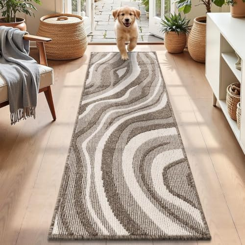 Homodeco Tapis Couloir 50 x 150 cm Moderne Antidérapant Tapis de Cuisine Devant Evier Lavable Hall d'Entree Interieur Long pour Couloir, Cuisine, Buanderie, Beige et Ivoire