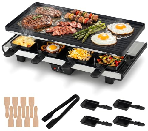 LIFEZEAL Appareil à Raclette et Grill 1400W, Grill de Table Électrique | Grill avec Thermostat Intégré, Plaque Antiadhésive Réversible, 8 Poêlons, 8 Spatules Bois&Pince, BBQ Fête Camping, 48x24x12cm