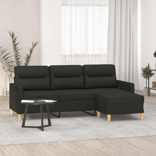 Sinkzol 3-sitsig soffa med pall, svart, 180 cm, tyg, klädselbänk för vardagsrum och gästrum, lounge, hörnsoffa med förvaringsutrymme, ryggstöd och armstöd, modern design