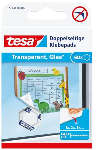 tesa doppelseitige Klebepads TACK / Transparente Klebestreifen zum Aufhängen an Wänden, Fenstern und Spiegeln / 1 x 60 Pads