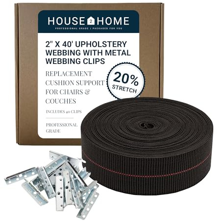 House2Home 2 x 40' Upholstery Webbing Roll with Metal Clips, Elastic Furniture Support Strap for Sofa Chair Cushion Repair, Couch Cushion Support Replacement for Outdoor Furniture Frame Restoration