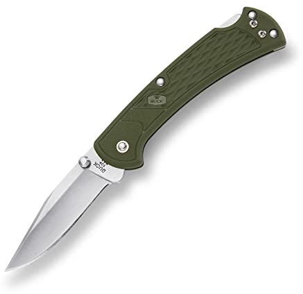 Buck Knives 112 Slim Select Folding EDC Knife, 3” Pocket Knife Blade, Nylon Handle, 420HC Stainless Steel Modified Clip Point Folding Blade, Made in the USA, O. D. Green, 2.5 oz
