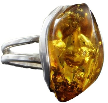 Bernstein Ring gelb oval, leichte Navette Form, groß Silber Ringgröße verstellbar