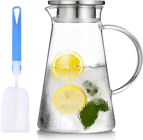 WUWEOT 2 Pack 2 Liter Glass Pitcher with Lid, BPA-Free Glass Water Jug Carafe Heat Resistant Ice Tea Pitcher for Juice, Sangria, Lemonade, Milk, Coffee, Cold and Hot Beverages