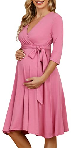 KOJOOIN Vestido de Maternidad para Mujer Delgado con Cuello en V Elegante Vestido de Lactancia Vestidos Premama Verano Casuales para Embarazadas Rosa（Manga 3/4） L