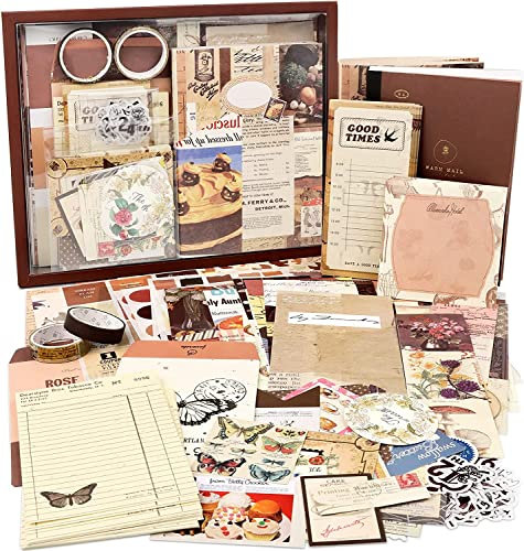 Draupnir 346 Stück Vintage Scrapbook Zubehör Set, Ästhetisches Bullet Junk Journal Kit mit A6 Raster Notizbuch, DIY Scrapbook Geschenk für Teenager - Vintage