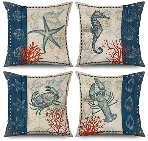 ASDCXZ Maritim örngott 40 x 40 cm uppsättning om 4, retro maritim hummer sjöstjärna flodhäst campus soffa dekorativa kuddar örngott tvättbar polyester linne textil stoppning örngott