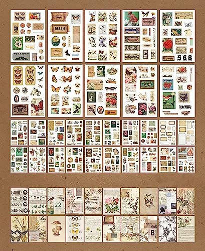 Shulian Set di 30 fogli 600 adesivi per scrapbook con ritaglio, album fotografici, illustrazione vintage, fiori e 20 fogli di carta per scrapbook