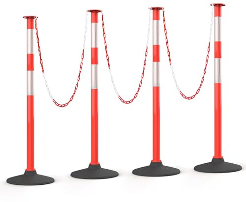 HiGiant 4 Pack 34 Inches Traffic Delineator Posts with Weighted Rubber Base, Portable Orange Safety Posts Cones with Reflective Collars and 15 Ft Plastic Chains for Parking Lot, Construction Work