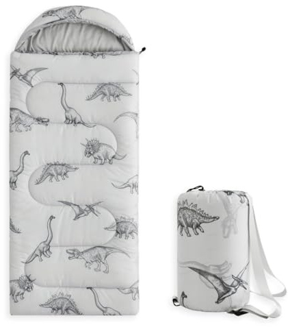 Wake In Cloud - Kids Sleeping Bag for Boys Toddlers, Camping in Warm Cold Weather, Backpacking Lightweight Compact Outdoor Liner for 3 Seasons, Dinosaur Sketch, Light Gray