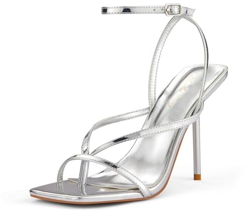 Zhabtuc Sandali con tacco da donna, Punta Quadrata, Tanga, Punta Aperta, Cinturino alla Caviglia con Fibbia, Sandali con Tacco, Scarpe Eleganti, Argento, 37 EU