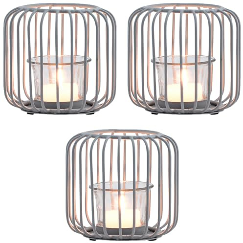 3-pack skandinaviska dekorativa ljuslyktor, te- och stearinljushållare, Cibolo, grå, små