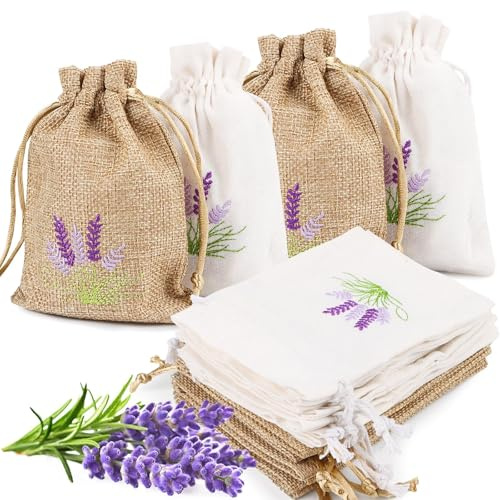 Lavender Bags Empty Pack of 12, Lavender Bags for Filling, Bags with Drawstring for Filling, Small Cotton and Linen Bags for Lavender, Spices, Herbs, Jewellery, Sweets