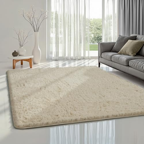 the carpet Soft Shaggy Tapis Moelleux à Poils Longs pour Salon, Dessous antidérapant avec Poils Moelleux, Doux et Super Doux, Beige, 160 x 220 cm
