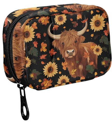 Fustylead Brown Highland Cow Sunflowers Pumpkins and Falling Leaves Pill Organizer Travel Bag, Small Portable Pill Case Cute for Vitamin Fish Oil Supplements Medicine Organizer with Zipper