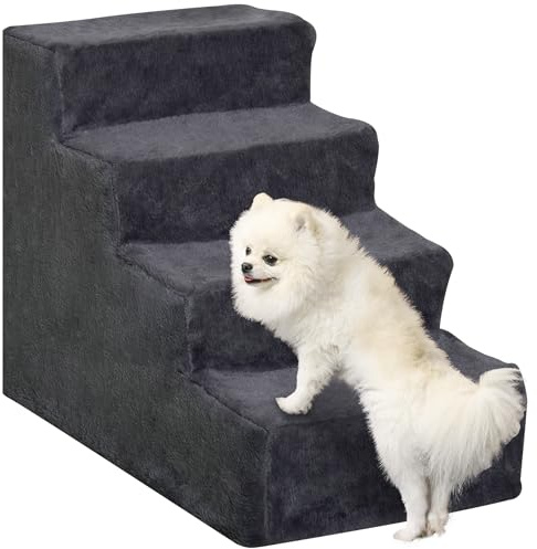 PawHut Dog Steps for Sofa, 4 Steps Dog Stairs, Pet Stairs, with Washable Plush Cover, for Small Breeds, Cats - Dark Grey