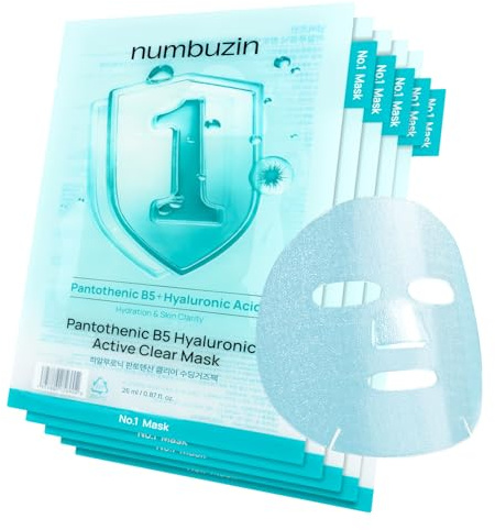 numbuzin No.1 Sheet Mask | Pantothenic B5 Hyaluronic Active Clear Mask | Calming, Soothing, Hydrating | Acne Prone Skin | Controls Excess Oil, Reduces Redness | 5 Sheets