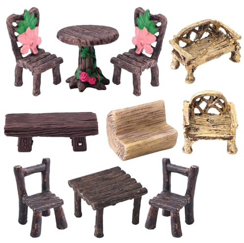 10 pzs Mesa y Sillas Jardín en Miniatura, Decoración Muebles para Casa Muñecas Kit de Adornos Resina Muebles en Miniatura para Manualidades Regalos y Accesorios de Jardín Hadas