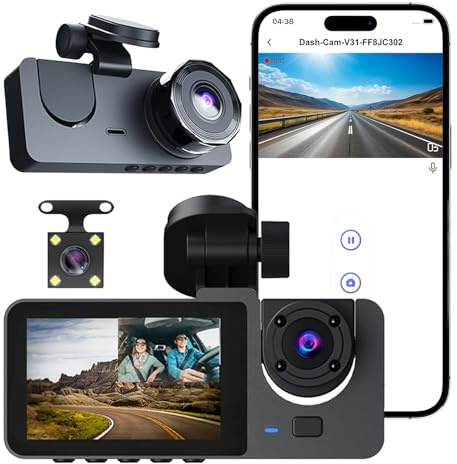 Triple Lens Dash Cam WiFi 1080P, Car Camera Front Inside Rear, Super Night Vision, 24H Parking Monitor, Dashcam with Loop Recording, App Control, Easy Installation with Mount
