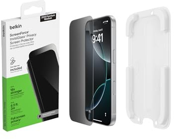 Belkin ScreenForce InvisiGlass Privacy Protection d'écran pour iPhone 17 Pro, Vitre Protection Écran, Protection Antirayure, Support Easy Align Inclus, Pose Sans Bulle D'Air, Dureté 9H, Verre Recyclé