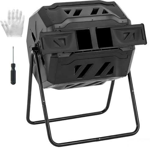 OLIXIS Compost Bin Outdoor 43 Gallon, Dual Chamber Composter Tumbler Outdoor with Gloves, Efficient 360°Rotating Composting Bin for Patio, Lawn, Home Gardening and Landscape, Black