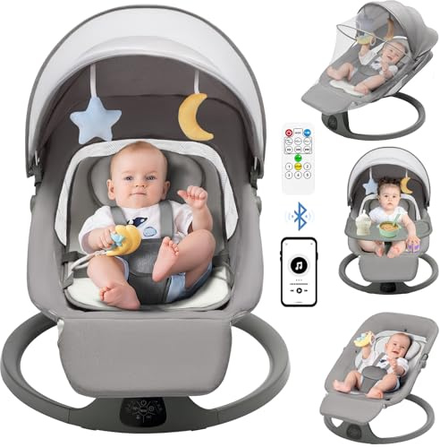 YOBWOK Electric Baby Swing for Infants to Toddler,Portable Baby Swing with Tray, Infant Bouncer with Bluetooth, Remote Control, App Function,Rocker with 5 Speeds, 5-Point Harness for Newborns