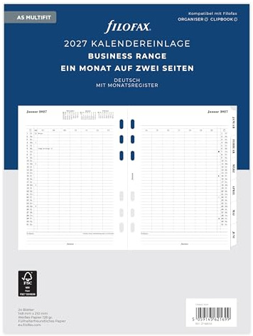 Filofax Inserto per calendario A5 Multi, 1 mese su 2 pagine, con linguette in tedesco 2027
