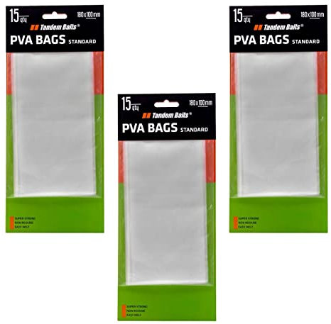 Tandem Baits 3er-Pack PVA Bags Standard Netz PVA-Beutel für Boilies | PVA-Schlauch Wasserlöslich | Futterschlauch für Köder | Karpfenzubehör Profis & Hobby-Angler 3x15 STK. 180 x 100 mm
