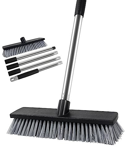 LandHope Hard Bristle Deck Broom Adjustable Long Handle Scrub Brush Heavy Duty Concrete Push Broom Outdoor Brush Garage Broom Wood Large Floor Scrubber 28-52 inch Balcony -Multi Segment Handle