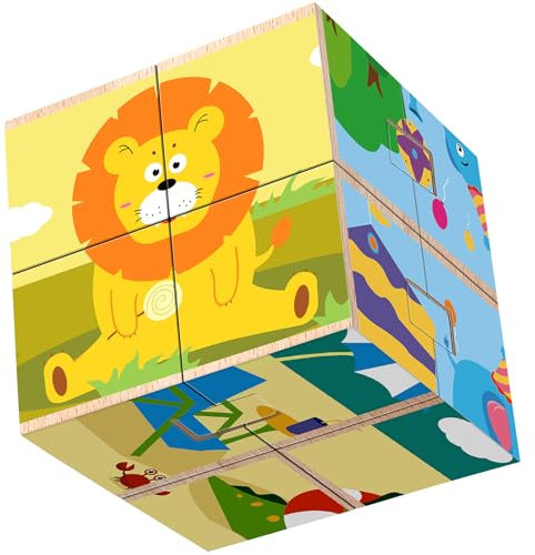 Würfelpuzzle Holz, 3D Bilderwürfel Puzzle Spiele für Kinder, Holzpuzzle ab 3 4 5 6 Jahre, Drehen Tierpuzzle Montessori Spielzeug, Zauberwürfel Holzspielzeug für Jungen und Mädchen Geschenk