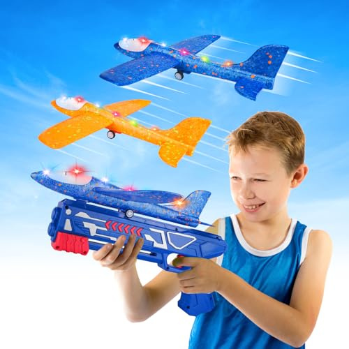 Zero-G Roadster Avion Polystyrene avec Pistolet Catapulte, Avion Jouet Planeur Volant Mousse, Jeu Plein Air Extérieur Jardin Interactif Enfant Garçon Fille 3 4 5 6 7 8 Ans Cadeau Anniversaire Noël